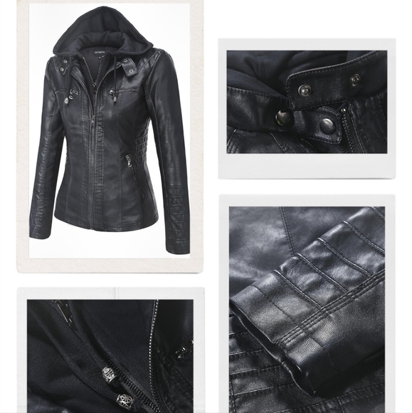 Women's Removable Hood Faux Leather Jacket XXL in Black - Picture 5 of 16